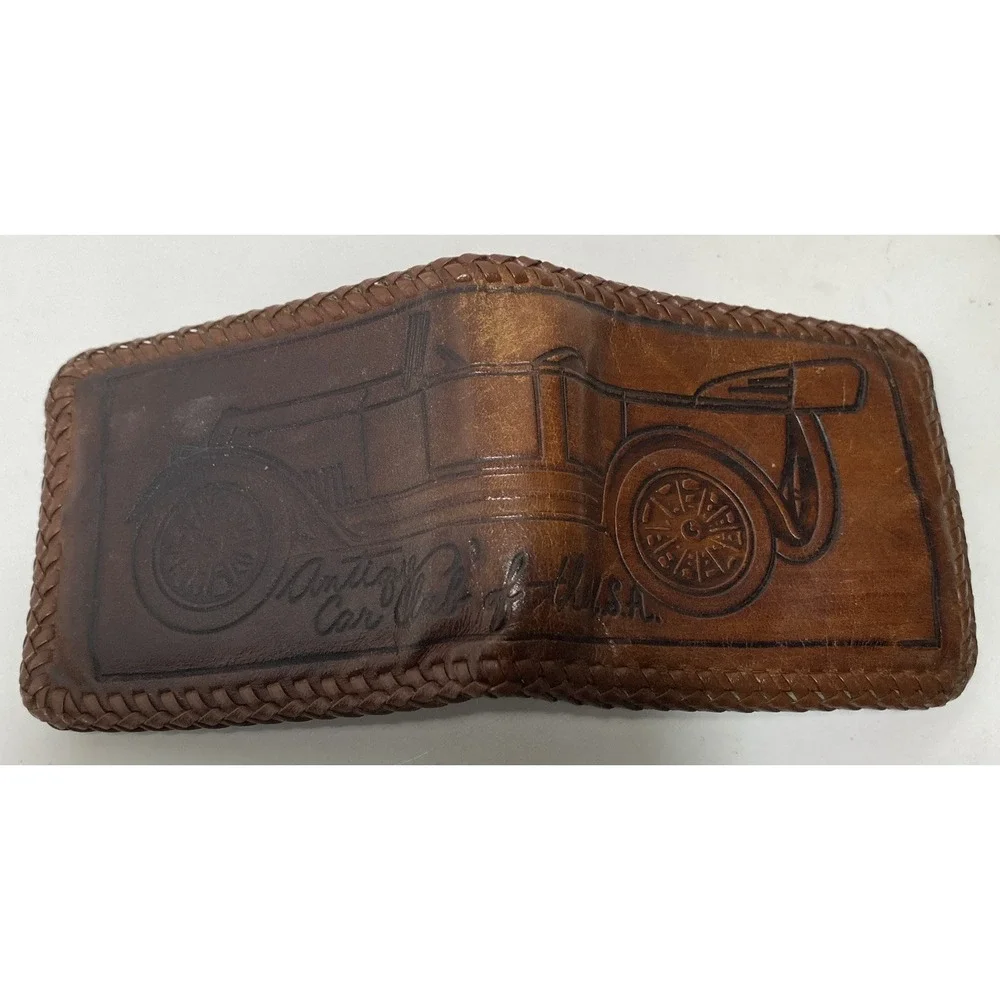 Vtg Hand Tooled Leather Stitched Embossed Antique Car Club USA Wallet